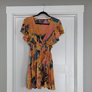 Angie Boho Floral Smocked Waist Mini Dress Yellow Coral & Navy Floral Wrap Top
